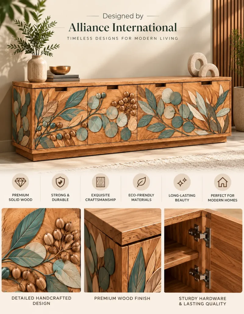 Evara Botanica leaf design TV cabinet with storage and botanical wooden-look front