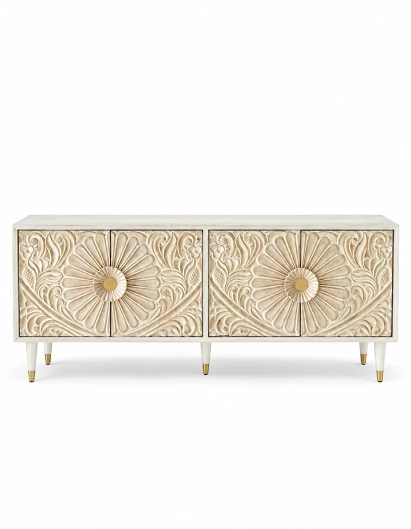 Flora Carve floral carved TV cabinet with four-door storage and ivory finish