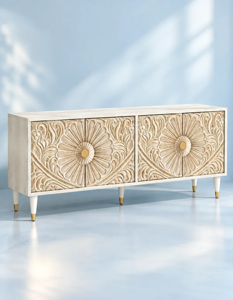 Flora Carve floral carved TV cabinet with four-door storage and ivory finish