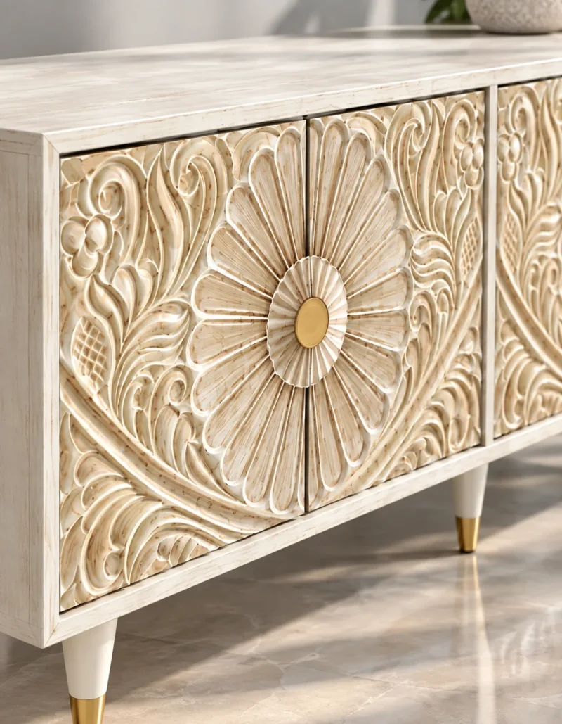 Flora Carve floral carved TV cabinet with four-door storage and ivory finish