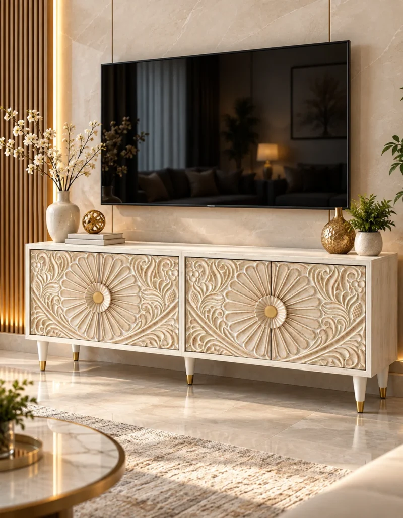 Flora Carve floral carved TV cabinet with four-door storage and ivory finish