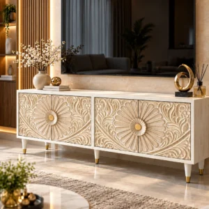 Flora Carve floral carved TV cabinet with four-door storage and ivory finish