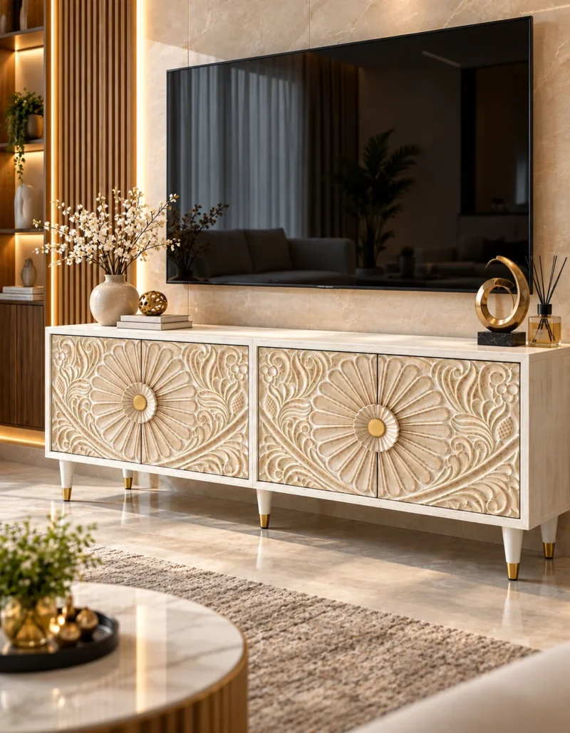 Flora Carve floral carved TV cabinet with four-door storage and ivory finish