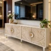 Flora Carve floral carved TV cabinet with four-door storage and ivory finish