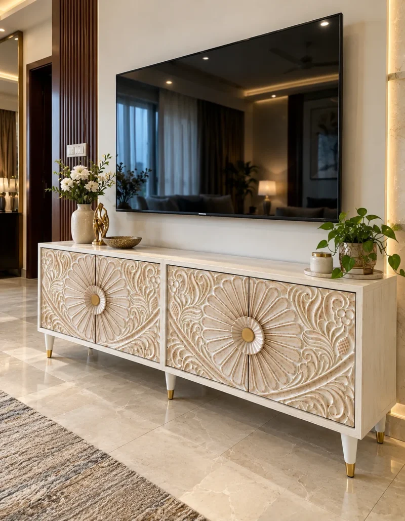 Flora Carve floral carved TV cabinet with four-door storage and ivory finish