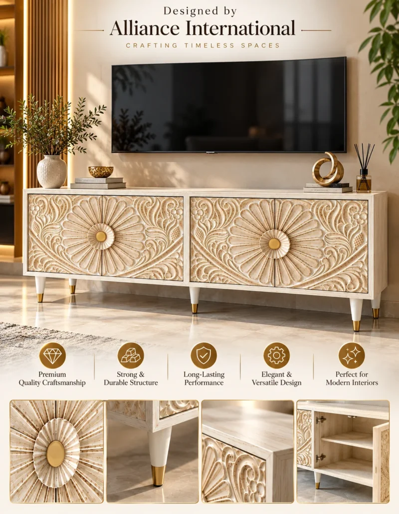 Flora Carve floral carved TV cabinet with four-door storage and ivory finish
