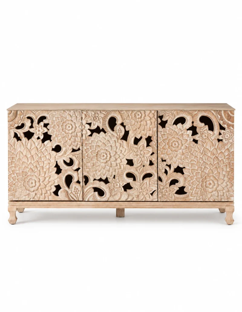 Florina floral carved console table with three decorative front panels and a light natural finish
