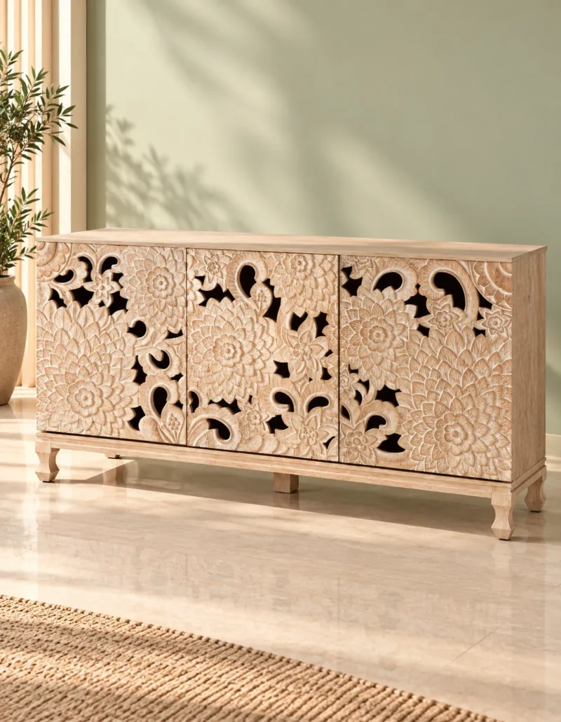 Florina floral carved console table with three decorative front panels and a light natural finish
