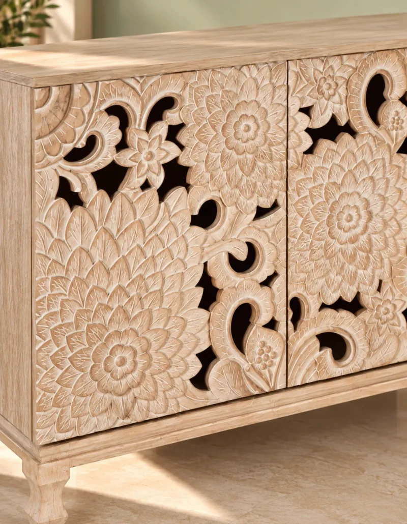 Florina floral carved console table with three decorative front panels and a light natural finish