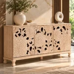 Florina floral carved console table with three decorative front panels and a light natural finish