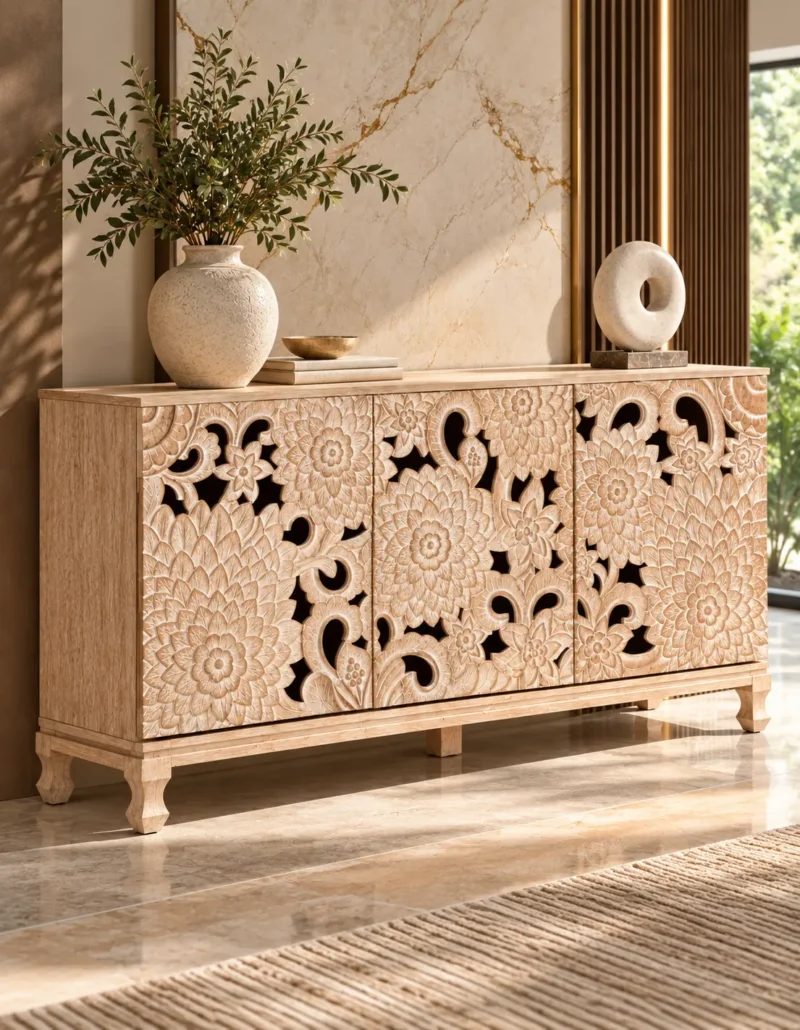 Florina floral carved console table with three decorative front panels and a light natural finish