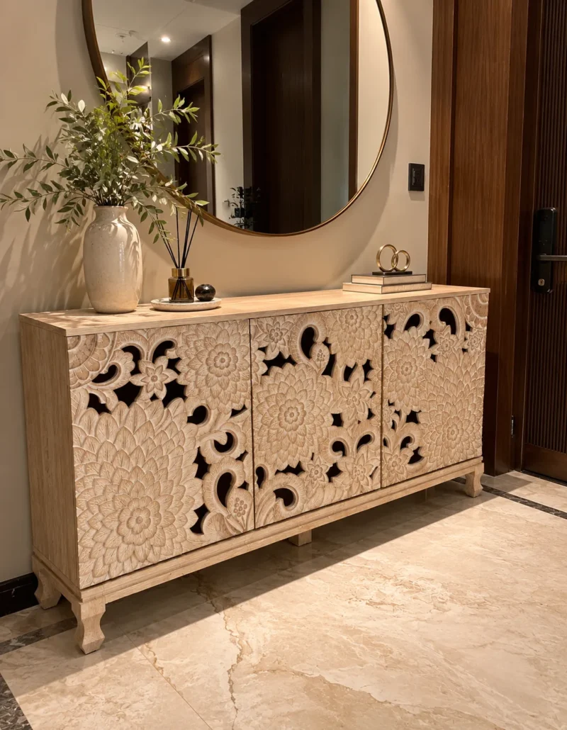 Florina floral carved console table with three decorative front panels and a light natural finish