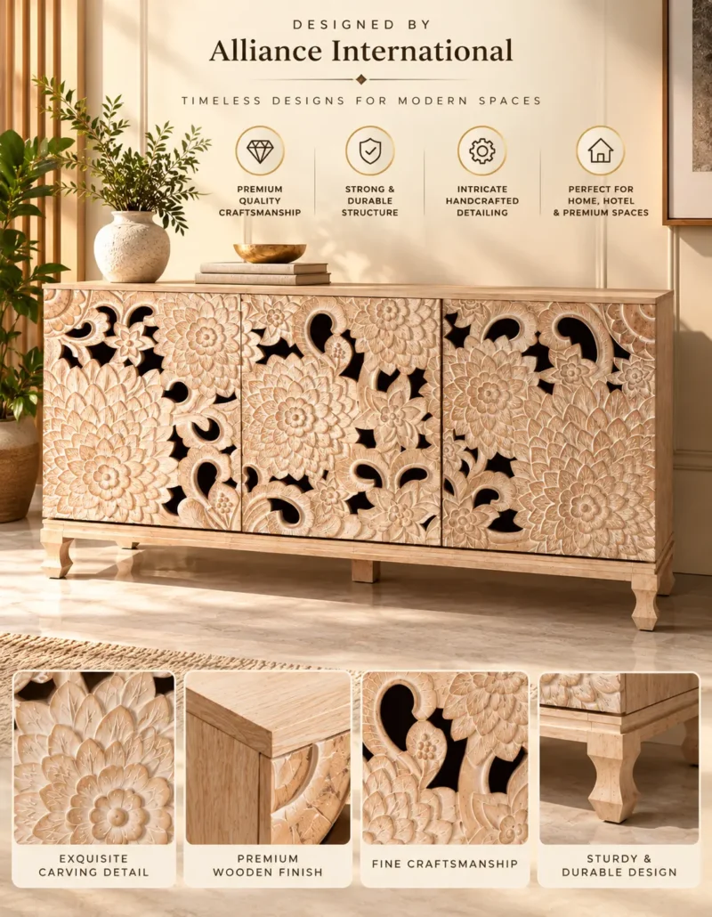 Florina floral carved console table with three decorative front panels and a light natural finish