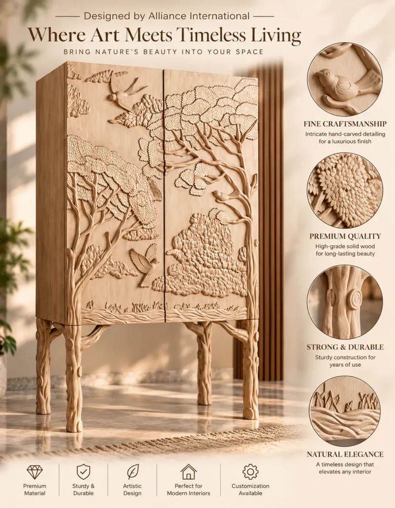 Forest Song two-door wooden cabinet with raised tree and bird carving