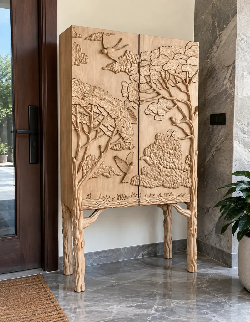 Forest Song two-door wooden cabinet with raised tree and bird carving