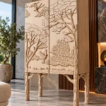 Forest Song two-door wooden cabinet with raised tree and bird carving