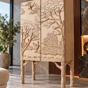 Forest Song two-door wooden cabinet with raised tree and bird carving