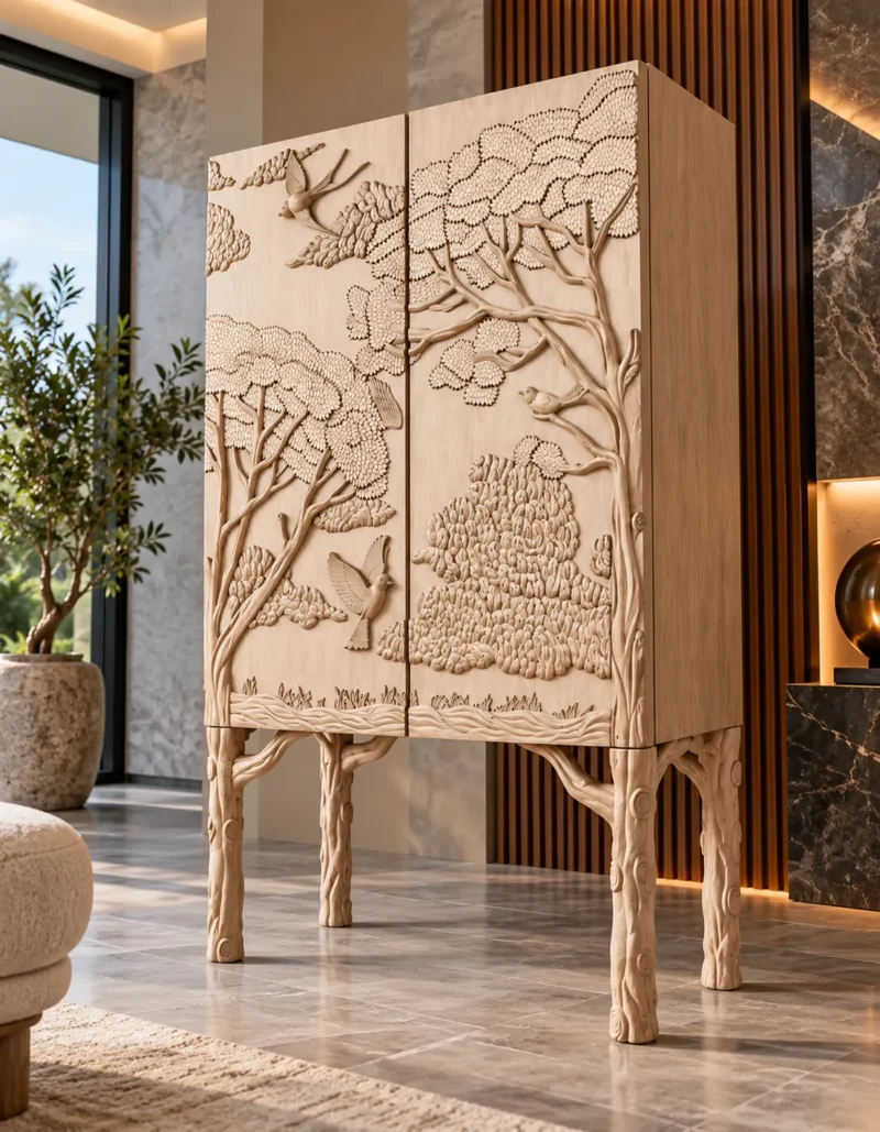 Forest Song two-door wooden cabinet with raised tree and bird carving