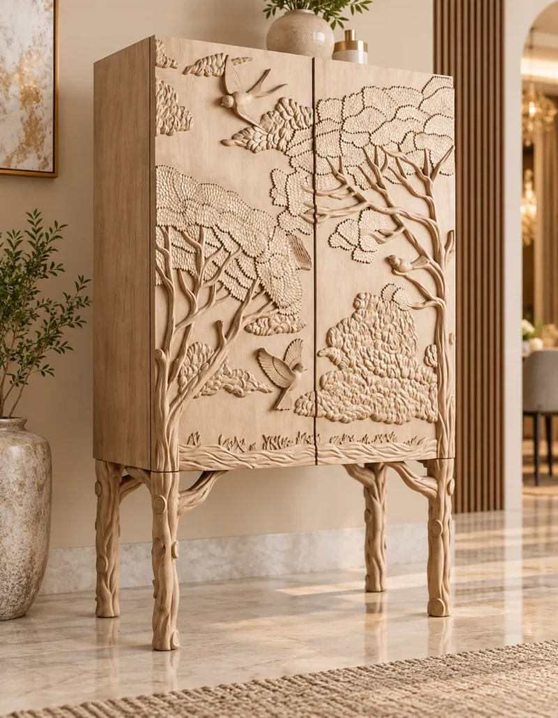 Forest Song two-door wooden cabinet with raised tree and bird carving