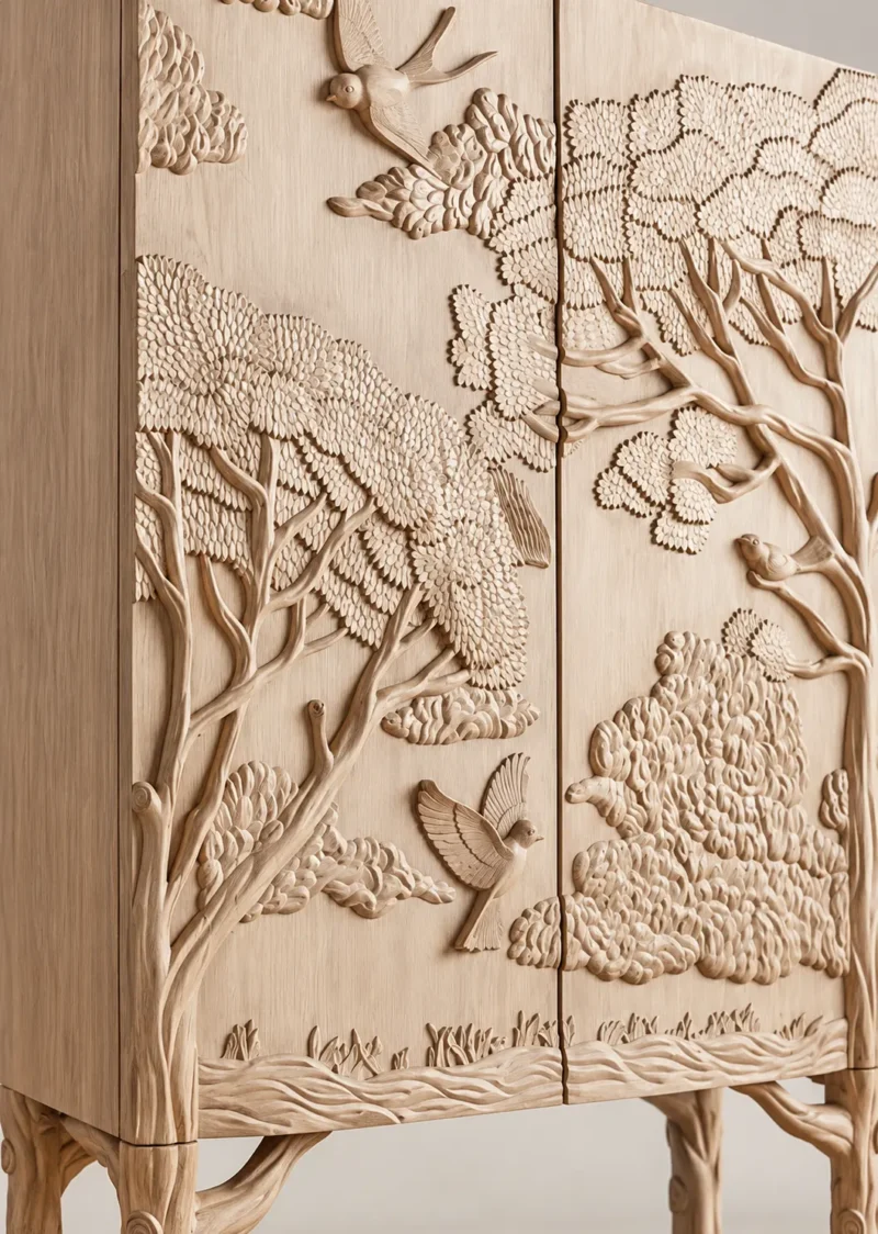Forest Song two-door wooden cabinet with raised tree and bird carving
