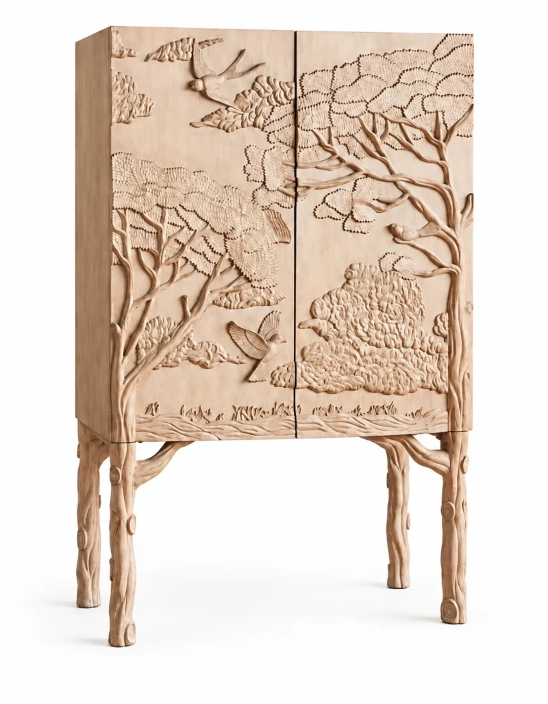 Forest Song two-door wooden cabinet with raised tree and bird carving