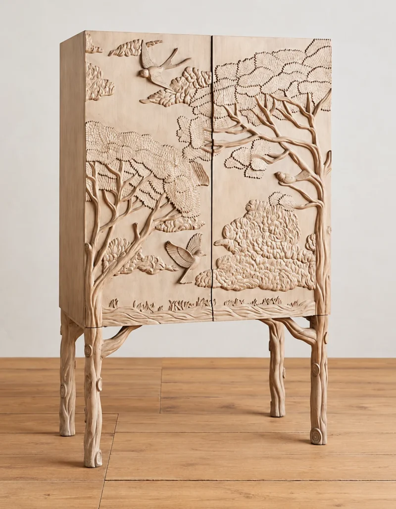Forest Song two-door wooden cabinet with raised tree and bird carvingForest Song two-door wooden cabinet with raised tree and bird carvingForest Song two-door wooden cabinet with raised tree and bird carvingForest Song two-door wooden cabinet with raised tree and bird carving