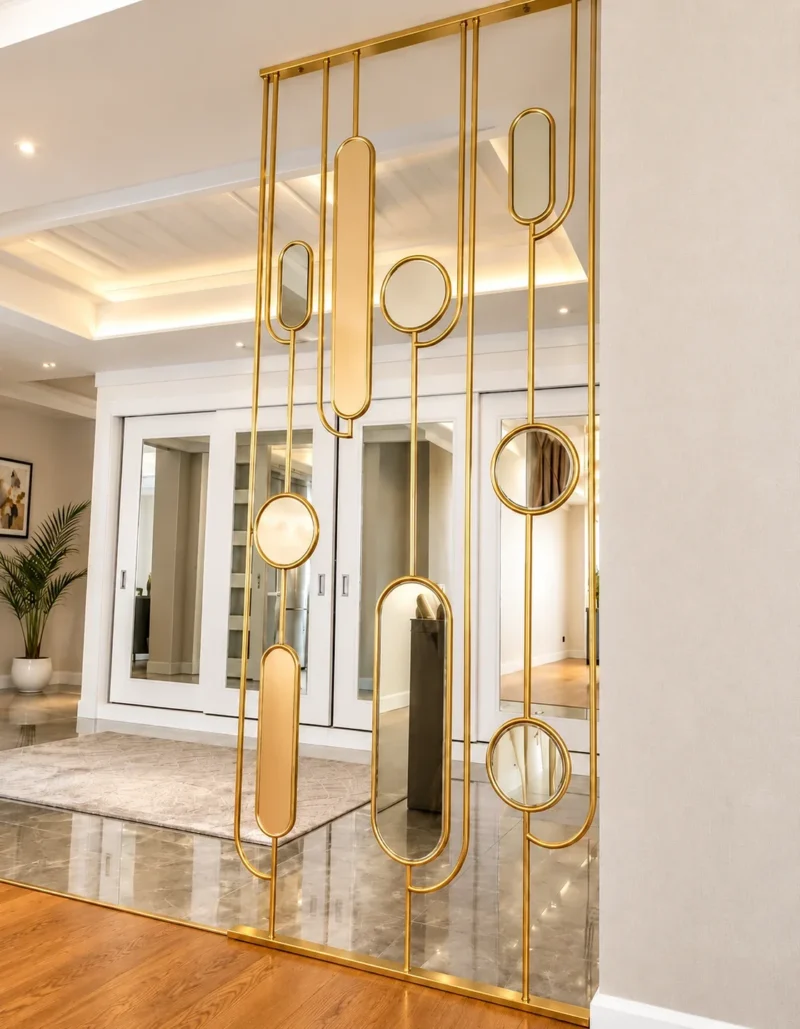 Gold stainless steel fluted glass partition screen by Alliance International Store