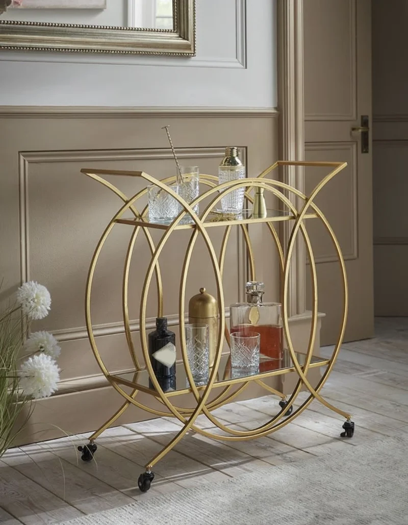 HaloArc Luxe 4 tier glass serving trolley with gold frame