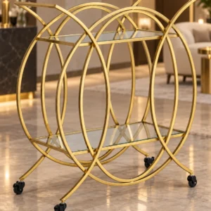 HaloArc Luxe 4 tier glass serving trolley with gold frame