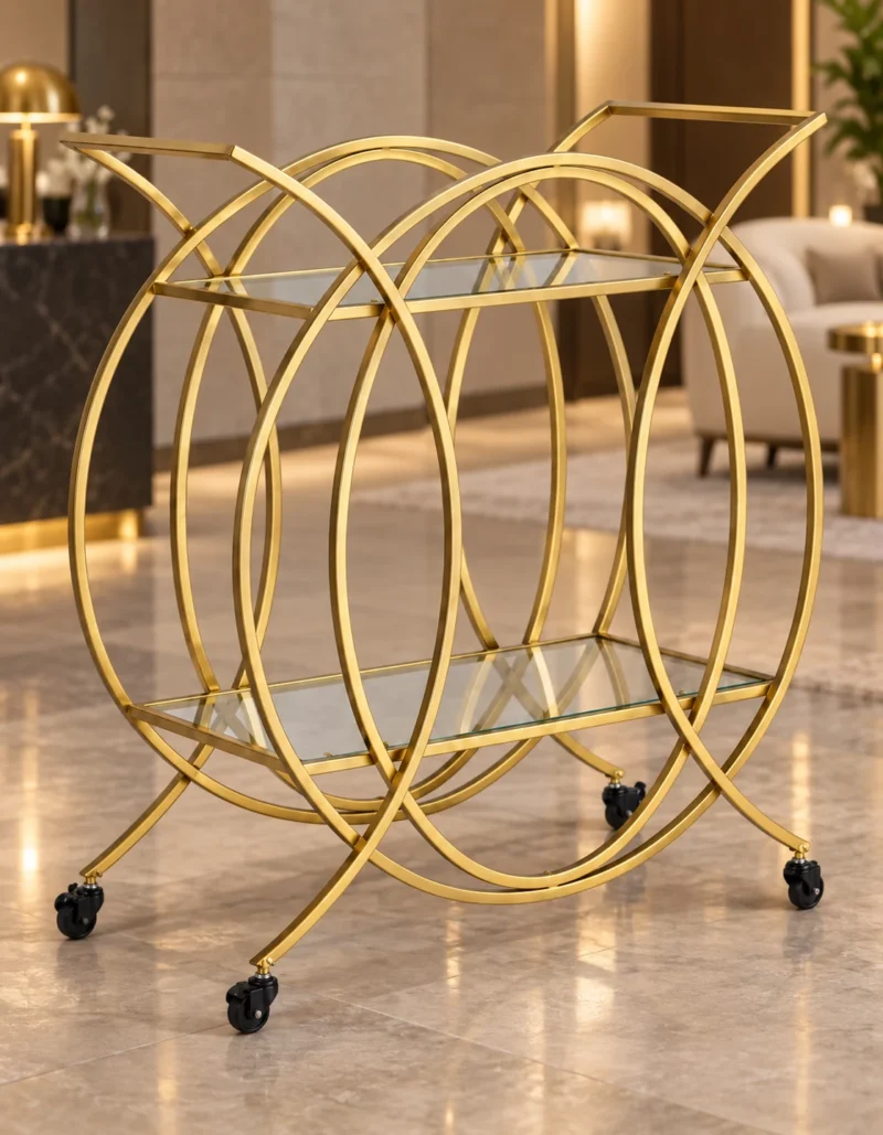 HaloArc Luxe 4 tier glass serving trolley with gold frame