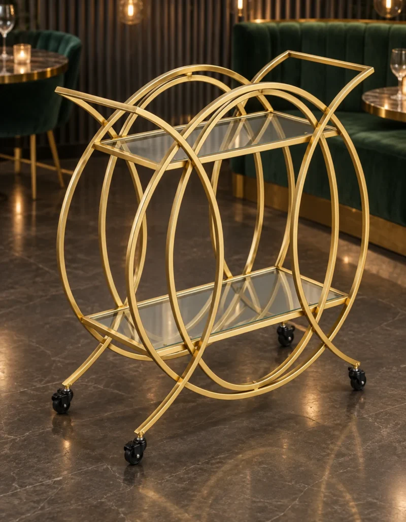 HaloArc Luxe 4 tier glass serving trolley with gold frame