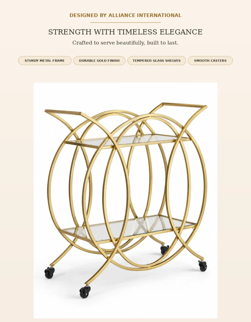 HaloArc Luxe 4 tier glass serving trolley with gold frame