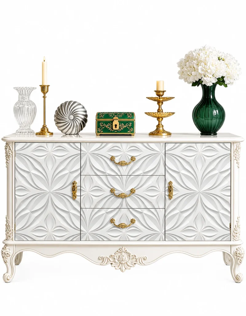Ivoria carved console table with storage drawers, side cabinets and white decorative panels