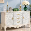 Ivoria carved console table with storage drawers, side cabinets and white decorative panels