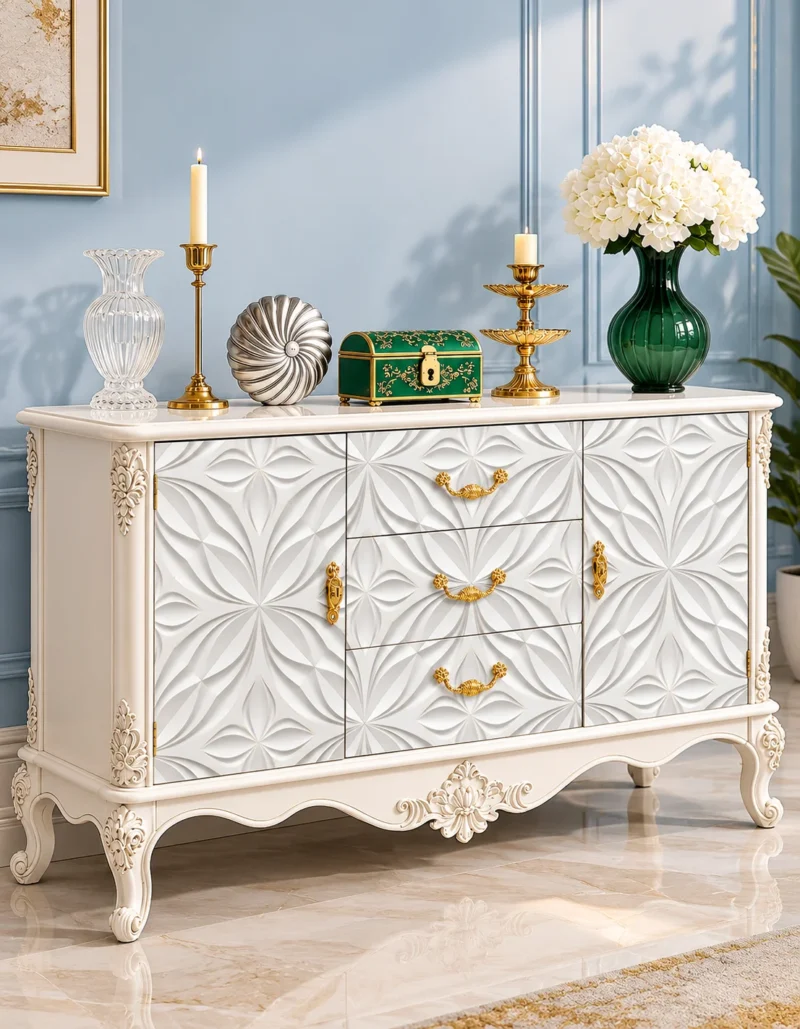 Ivoria carved console table with storage drawers, side cabinets and white decorative panels
