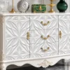 Ivoria carved console table with storage drawers, side cabinets and white decorative panels