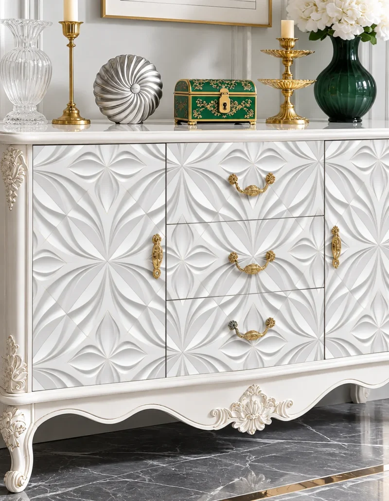 Ivoria carved console table with storage drawers, side cabinets and white decorative panels