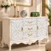 Ivoria carved console table with storage drawers, side cabinets and white decorative panels