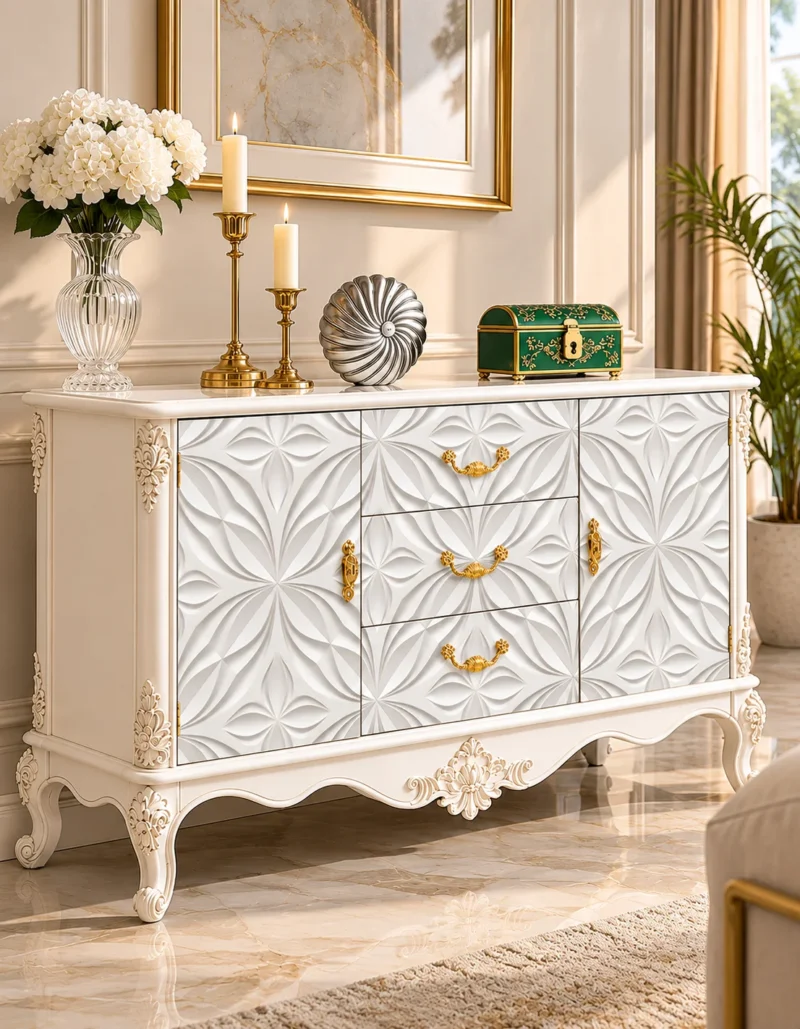 Ivoria carved console table with storage drawers, side cabinets and white decorative panels
