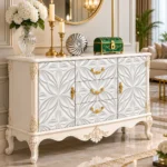 Ivoria carved console table with storage drawers, side cabinets and white decorative panels