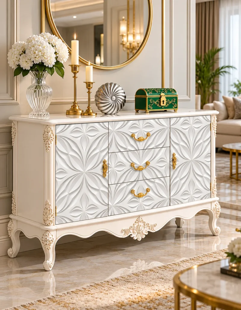 Ivoria carved console table with storage drawers, side cabinets and white decorative panels