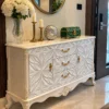 Ivoria carved console table with storage drawers, side cabinets and white decorative panels