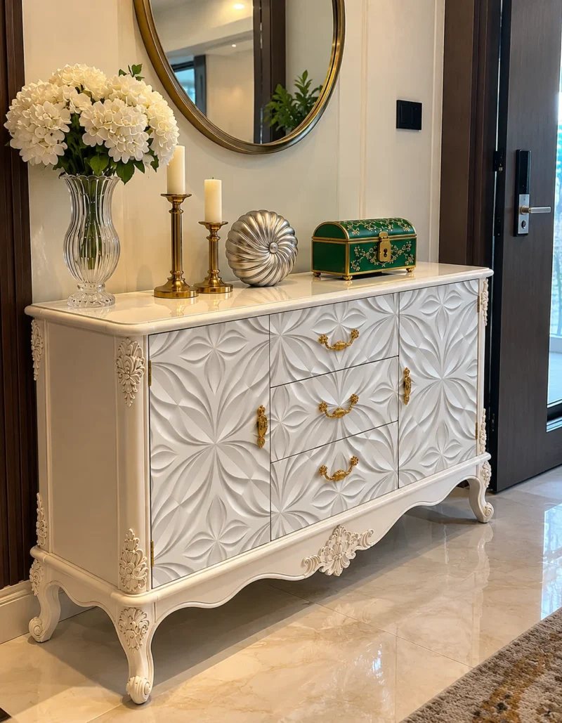 Ivoria carved console table with storage drawers, side cabinets and white decorative panels