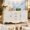 Ivoria carved console table with storage drawers, side cabinets and white decorative panels