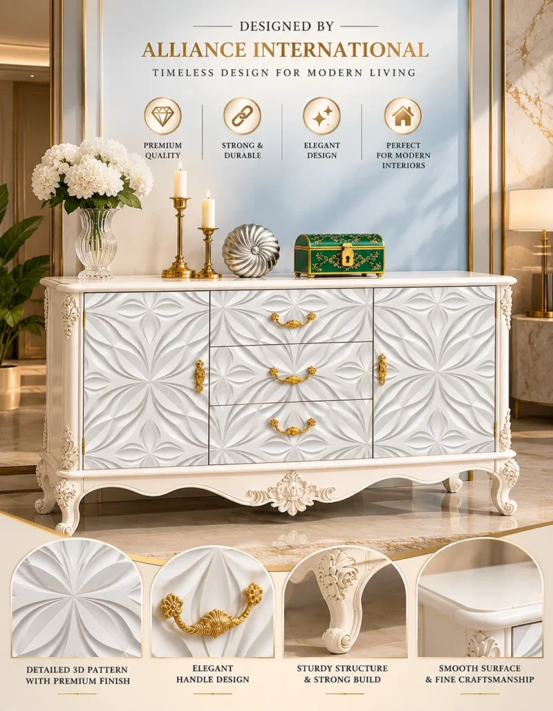 Ivoria carved console table with storage drawers, side cabinets and white decorative panels