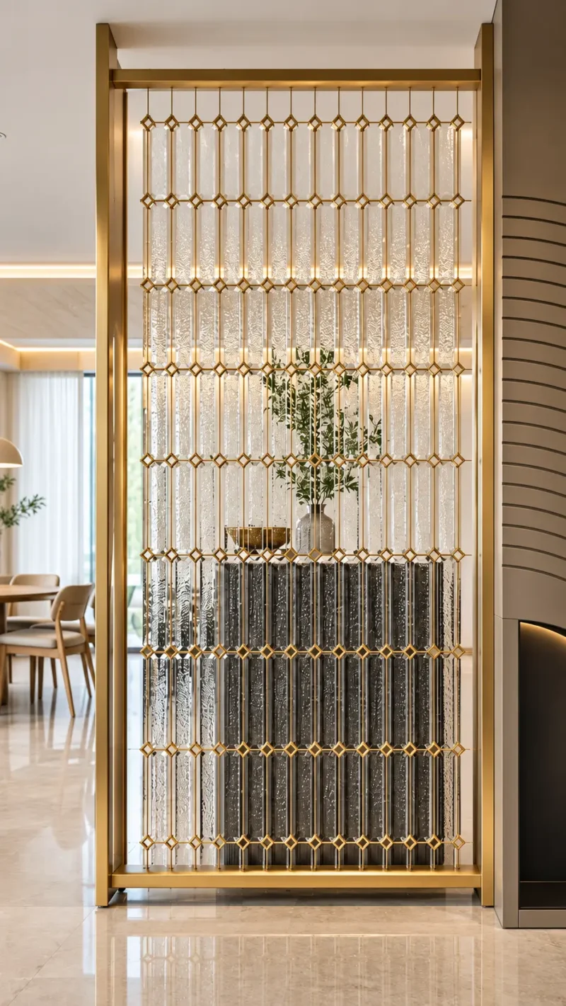 Linea Diamond vertical premix glass partition with Gold PVD detailing
