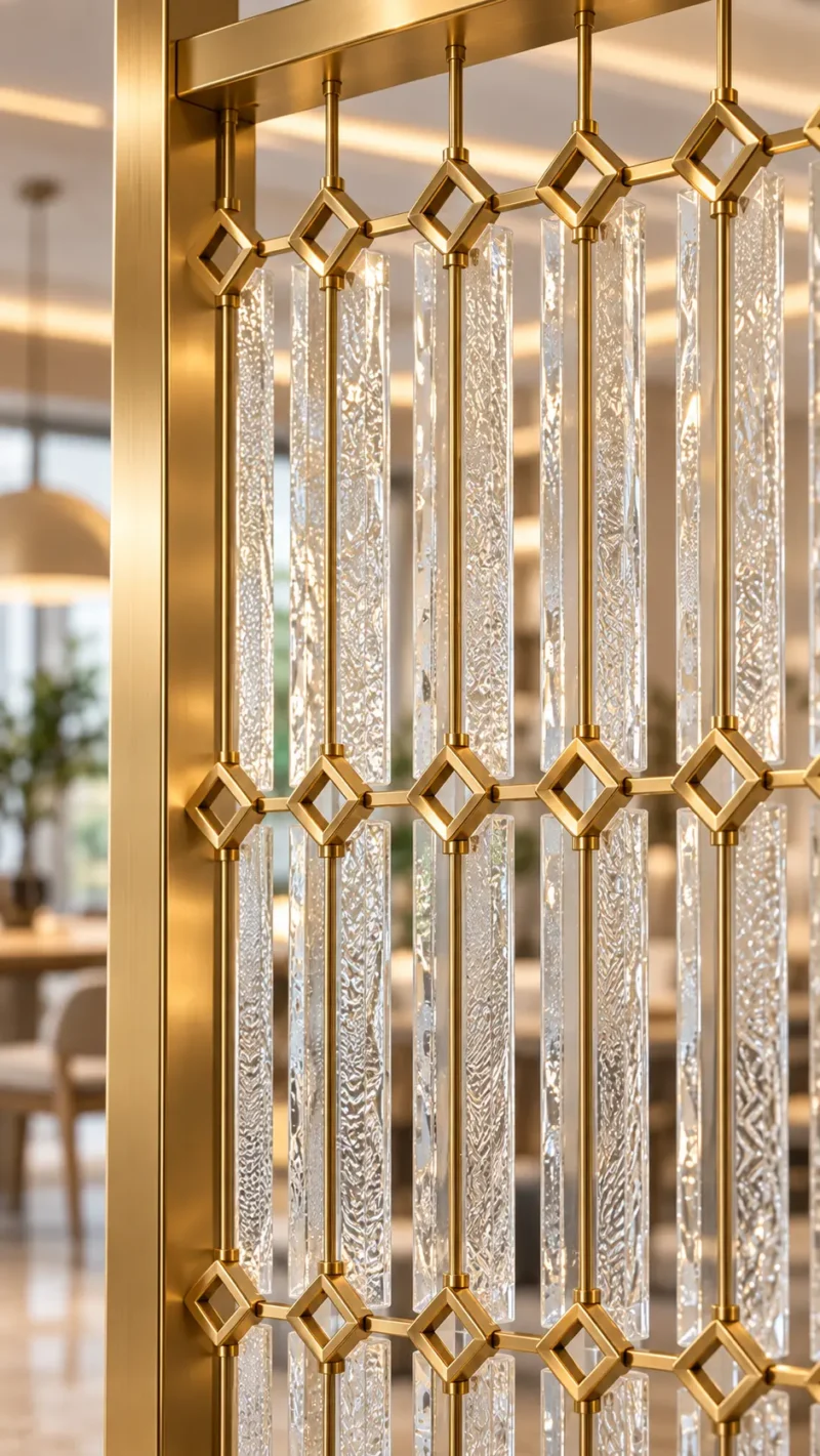 Linea Diamond vertical premix glass partition with Gold PVD detailing