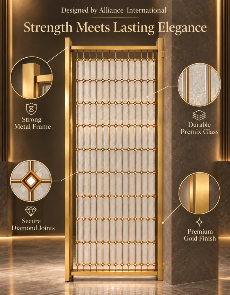 Linea Diamond vertical premix glass partition with Gold PVD detailing