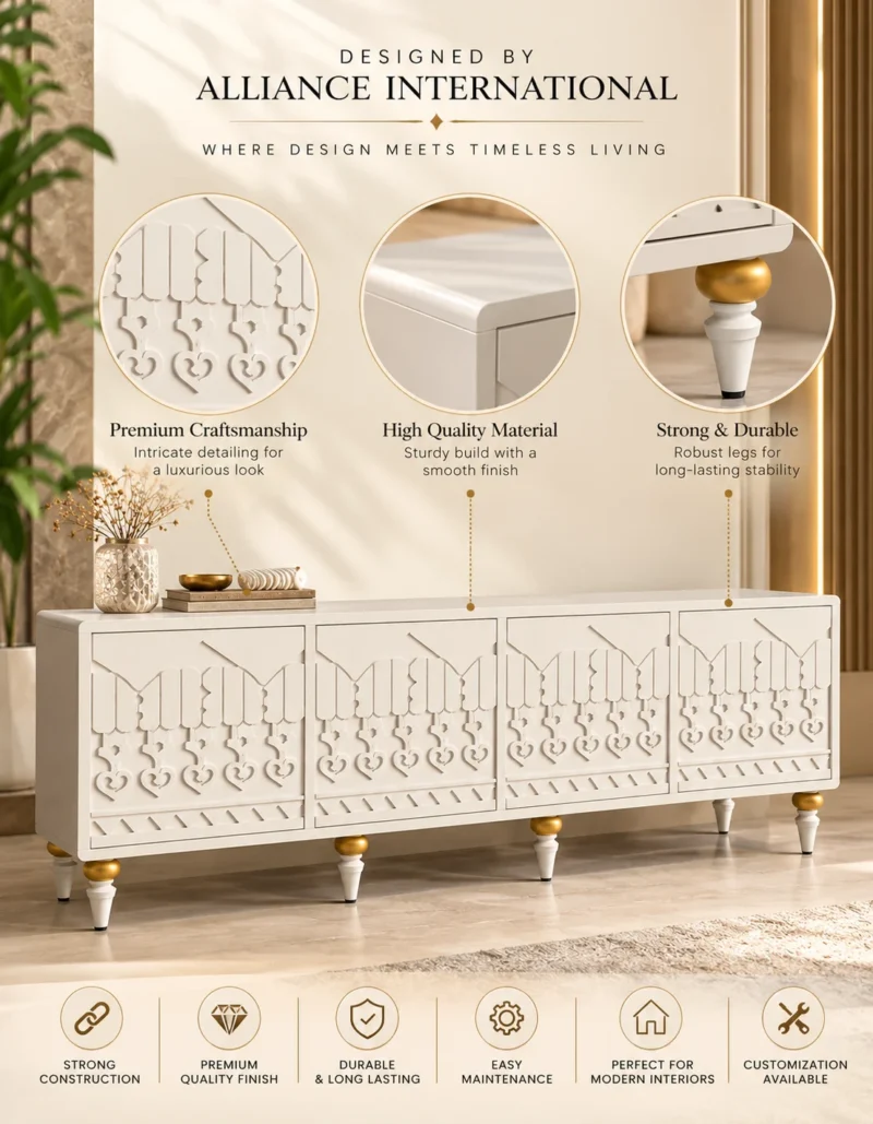 Liora Carve white TV unit with four patterned doors and gold-tone leg accents