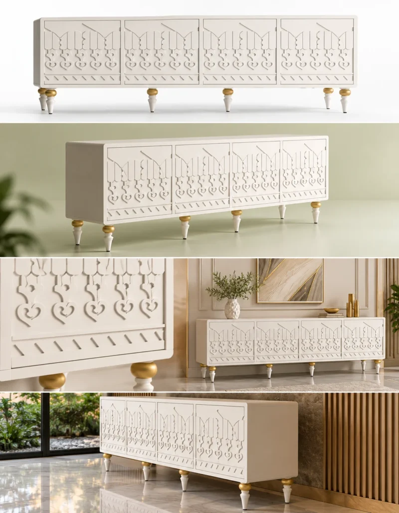 Liora Carve white TV unit with four patterned doors and gold-tone leg accents
